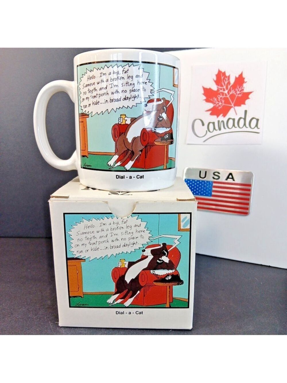 BOXED 1988 Vintage The Far Side Funny Ceramic Coffee Mug Dial a Cat Gary Larson